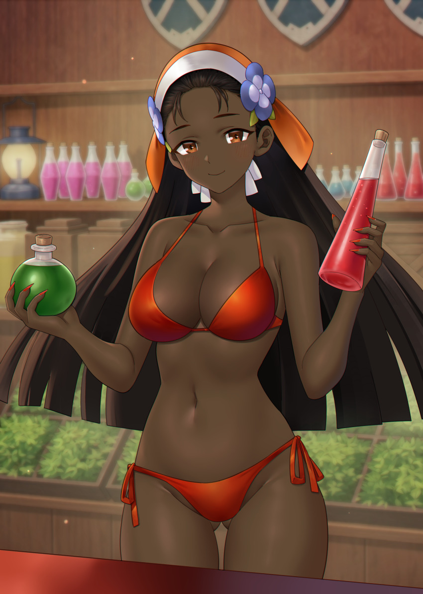 1girl, absurdres, alternate_costume, anisse_(fire_emblem), bare_arms, bare_shoulders, bikini, bottle, breasts, brown_eyes, brown_hair, cleavage, collarbone, commission, commissioner_upload, dark-skinned_female, dark_skin, fingernails, fire_emblem, fire_emblem_engage, gluteal_fold, hands_up, highres, holding, holding_bottle, indoors, large_breasts, long_fingernails, long_hair, looking_at_viewer, navel, nintendo, non-web_source, orange_bikini, potion, red_bikini, red_nails, redkite333, shop, side-tie_bikini_bottom, solo, stomach, swimsuit, thick_thighs, thighs, very_dark_skin