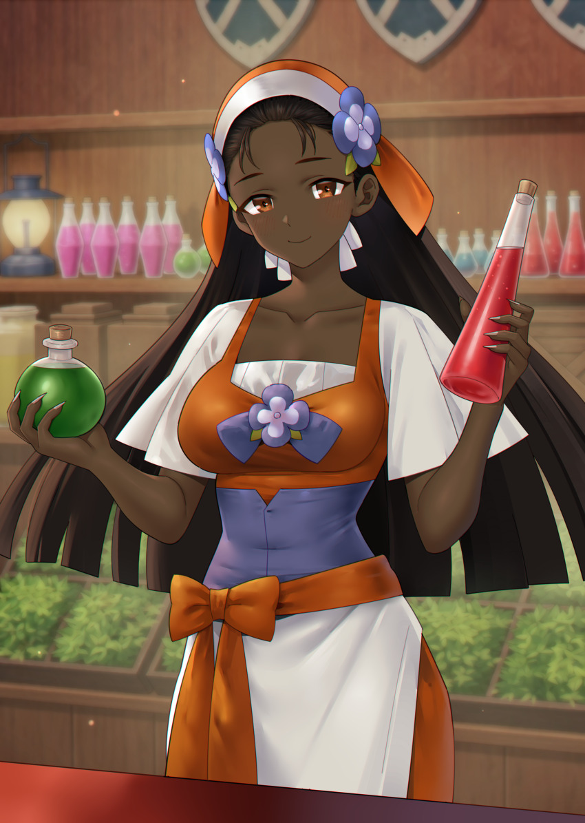 1girl, absurdres, anisse_(fire_emblem), bare_arms, bottle, breasts, brown_eyes, brown_hair, collarbone, commission, commissioner_upload, dark-skinned_female, dark_skin, fire_emblem, fire_emblem_engage, hands_up, highres, holding, holding_bottle, indoors, large_breasts, long_hair, looking_at_viewer, nintendo, non-web_source, potion, redkite333, shop, solo, very_dark_skin, very_long_hair
