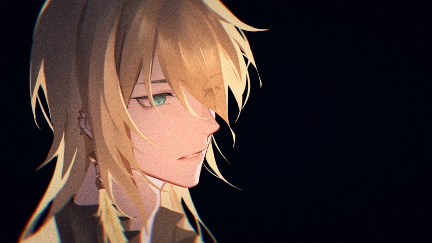 1boy, adam's_apple, alkaid_mcgrath, alkaid_mcgrath_(book_of_tales), black_background, black_shirt, blonde_hair, chinese_commentary