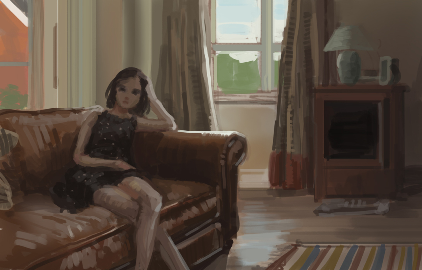 1girl, bare_legs, black_hair, camisole, couch, crossed_legs, doyora, female_focus