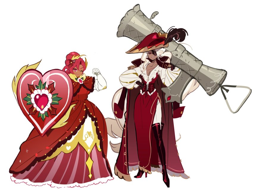 2girls, :d, ;), black_boots, boots, braid, breasts, brown_feathers, capelet, cleavage, clenched_hand, closed_mouth, coat, coat_on_shoulders, collarbone, commentary_request, cookie_run, cookie_run:_kingdom, corset, cross-laced_clothes, cross-laced_corset, curtained_hair, dark-skinned_female, dark_skin, dress, elbow_gloves, eyepatch, feathers, food-themed_hat, frilled_capelet, frilled_gloves, frills, full_body, gem, gloves, grin, hair_between_eyes, hair_bun, hand_on_own_hip, hand_up, hat, hat_feather, high_heel_boots, high_heels, highres, holding, holding_rocket_launcher, holding_shield, holding_weapon, hollyberry_cookie, hollyberry_cookie_(her_majesty's_grand_presence), humanization, korean_commentary, large_hat, long_dress, long_hair, long_sleeves, looking_at_viewer, low_ponytail, multiple_girls, multiple_scars, narrow_waist, official_alternate_costume, official_alternate_hairstyle, ohta_guk_hip, one_eye_closed, one_eye_covered, open_mouth, pink_dress, pink_eyes, pink_gem, pink_hair, plump, ponytail, puffy_long_sleeves, puffy_sleeves, red_capelet, red_coat, red_corset, red_dress, red_eyes, red_hat, rocket_launcher, scar, scar_on_chest, scar_on_face, scar_on_mouth, shaded_face, shield, shirt, side_slit, simple_background, single_hair_bun, small_breasts, smile, smirk, sparkle, striped_clothes, striped_dress, tarte_tatin_cookie, tarte_tatin_cookie_(dragon_city_vagabond), thigh_boots, tricorne, v-shaped_eyebrows, vertical-striped_clothes, vertical-striped_dress, very_long_hair, weapon, white_background, white_gloves, white_hair, white_shirt