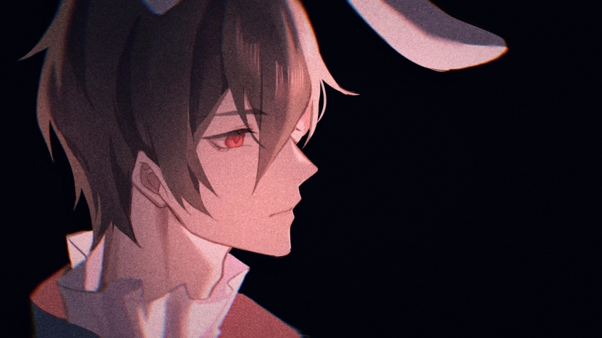1boy, adam's_apple, animal_ears, ayn_alwyn, ayn_alwyn_(book_of_tales), black_background, black_hair, black_jacket, chinese_commentary, closed_mouth, commentary_request, expressionless, fengtu_ad, frilled_shirt_collar, frills, hair_between_eyes, highres, jacket, looking_ahead, lovebrush_chronicles, male_focus, portrait, profile, rabbit_ears, red_eyes, shirt, short_hair, simple_background, solo, white_shirt
