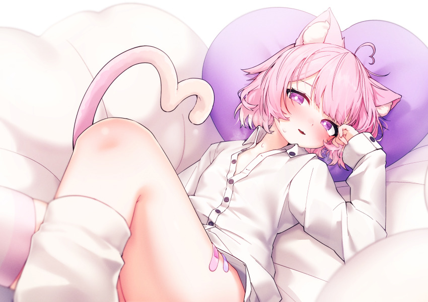 1girl, absurdres, ahoge, aisu_koffie, animal_ear_fluff, animal_ears, bandaid_on_thigh, blush