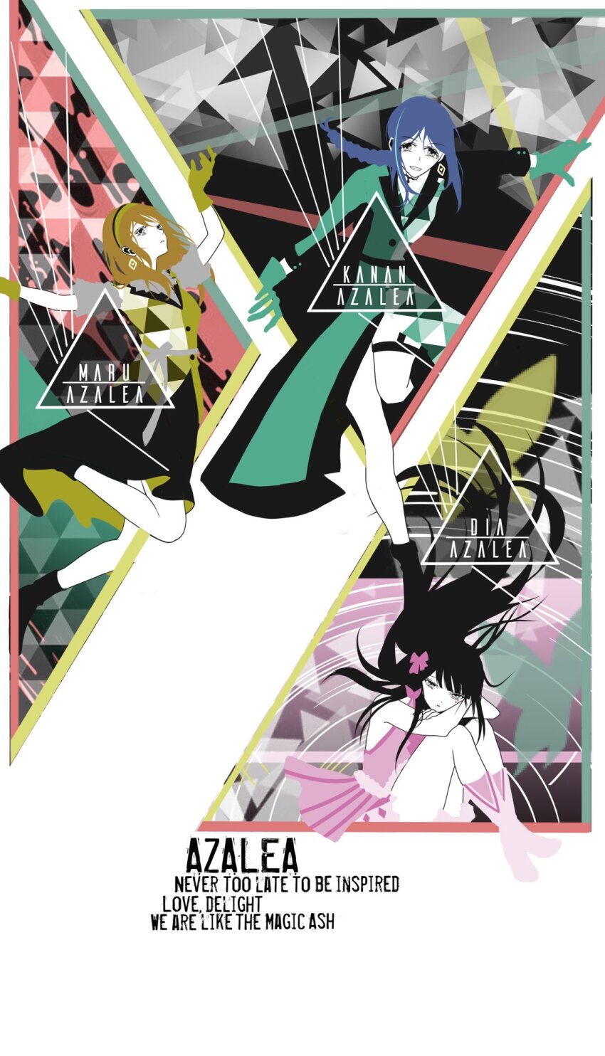 3girls, akisetsu_1137, azalea_(love_live!), black_hair, character_name, commentary_request, dress, english_text, floating_hair, full_body, gloves, green_dress, green_gloves, group_name, hairband, highres, kunikida_hanamaru, kurosawa_dia, long_hair, love_live!, love_live!_sunshine!!, matsuura_kanan, multiple_girls, pink_dress, sleeveless, sleeveless_dress, we'll_get_the_next_dream!!!, yellow_dress, yellow_hairband