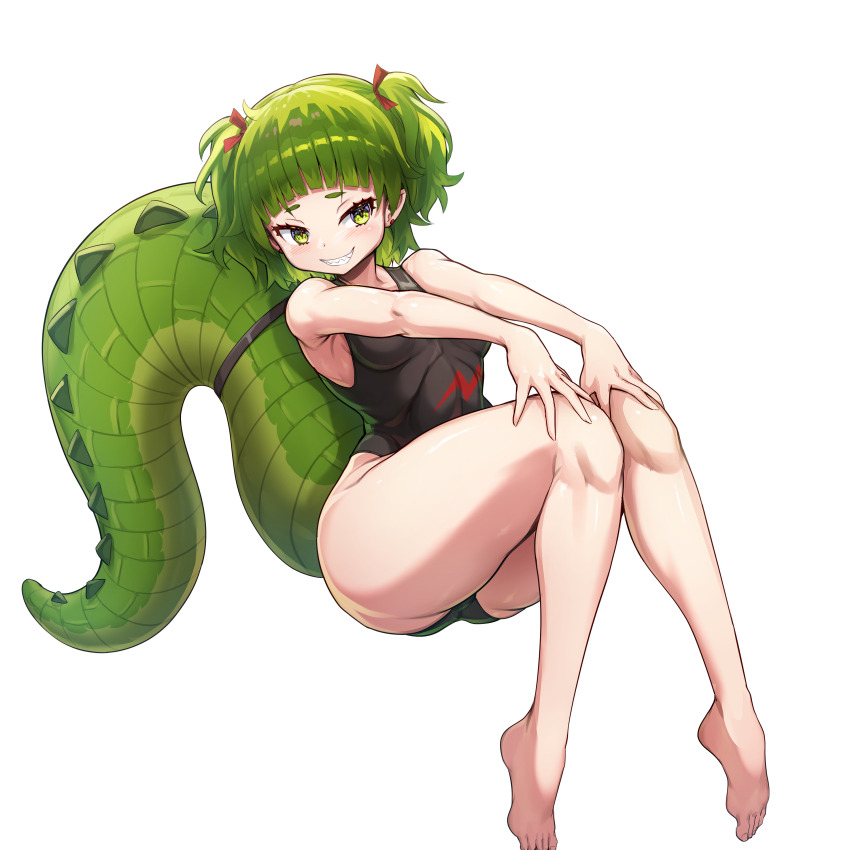1girl, breasts, crocodile_girl, crocodile_tail, green_eyes, green_hair, grin, hair_ribbon, huge_tail, jadf, large_tail, legs_together, medium_breasts, medium_hair, nitya_nil, one-piece_swimsuit, phase_connect, pointy_ears, pointy_teeth, ribbon, sharp_teeth, sitting, smile, solo, swimsuit, tail, teeth, thick_thighs, thighs, transparent_background, twintails, virtual_youtuber, wide_hips