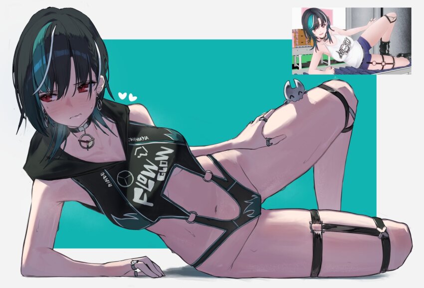 1girl, aqua_hair, aqua_streaks, black_choker, black_hair, blush, bongk, breasts