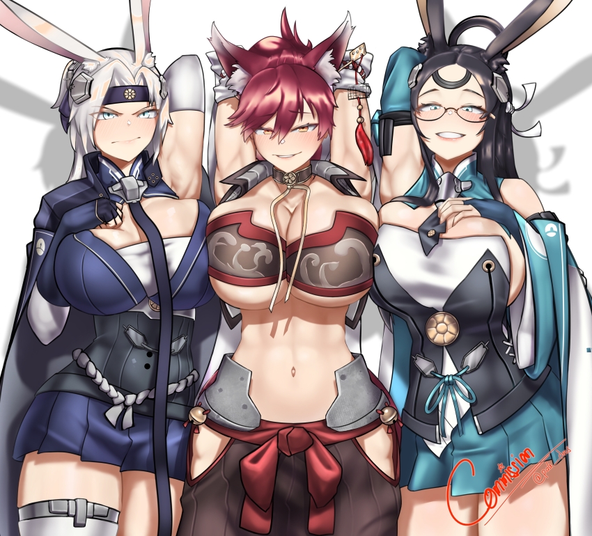 3girls, :/, absurdres, alternate_breast_size_(larger), angry, animal_ears, arm_behind_head, armpits