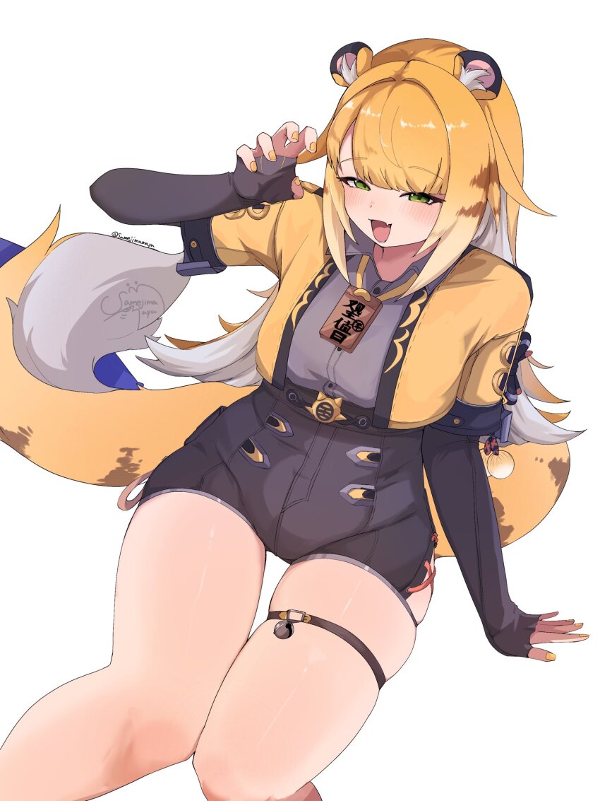 1girl, alternate_breast_size_(larger), animal_ear_fluff, animal_ears, black_shorts, blush, bow, breasts