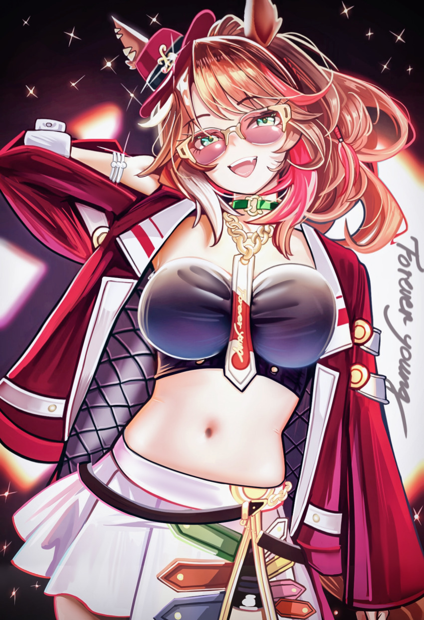 1girl, animal_ears, arm_up, asdkd123, black_tube_top, breasts, brown_hair, commentary_request