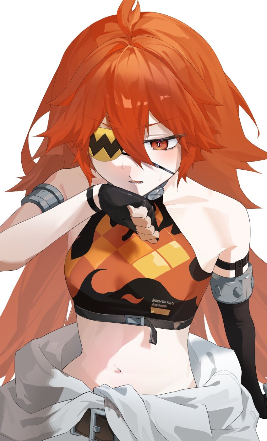 1girl, ahoge, armlet, asymmetrical_gloves, bare_shoulders, black_gloves, black_shirt, breasts, clothes_around_waist, collar, collarbone, commentary_request, crop_top, elbow_gloves, eyepatch, fingerless_gloves, flame_print, gloves, hair_between_eyes, highres, jewelry, jumpsuit, jumpsuit_around_waist, koleda_belobog, long_hair, looking_down, metal_collar, midriff, mmmi00745393271, navel, open_mouth, red_eyes, red_hair, sharp_teeth, shirt, simple_background, single_elbow_glove, small_breasts, solo, sweat, teeth, uneven_gloves, upper_body, white_background, wiping_sweat, zenless_zone_zero