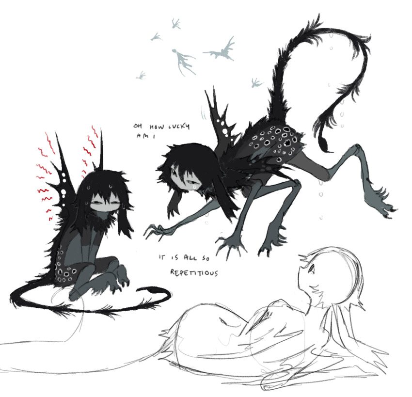 1boy, arthropod_limbs, black_hair, black_tail, black_wings, body_fur, commentary, english_commentary