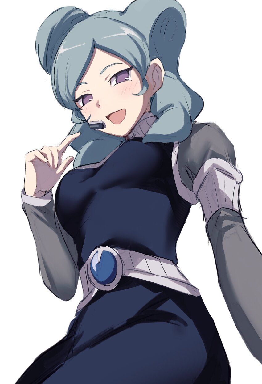 1girl, aqua_hair, belt, beta_(inazuma_eleven), blue_pants, blue_vest, blush, bodysuit