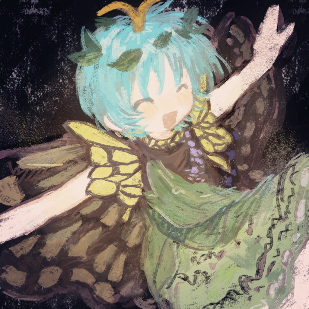 1girl, animal_print, antennae, black_background, blue_hair, butterfly_print, butterfly_wings, closed_eyes, commentary_request, dress, eternity_larva, facing_ahead, filia_(sonzione807560), floating_clothes, green_dress, insect_wings, leaf, leaf_on_head, open_mouth, outstretched_arms, short_hair, short_sleeves, smile, solo, spread_arms, touhou, upper_body, wings
