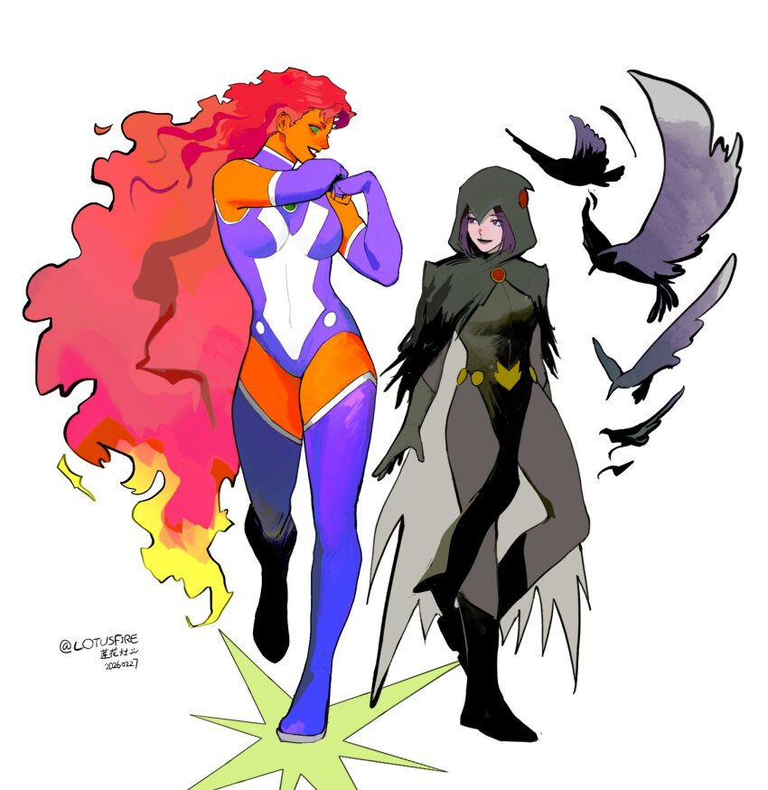2girls, bird, black_bird, black_boots, black_cape, black_gloves, black_hair, black_leotard, black_wings, boots, cape, colored_skin, commentary, crow, dc_comics, english_commentary, forehead_jewel, gloves, highres, leotard, long_hair, multiple_girls, orange_skin, purple_boots, purple_lips, purple_tank_top, raven_(dc), red_hair, rwheel0333, sleeved_leotard, smile, starfire, superhero_costume, tamaranean, tank_top, teen_titans, white_background, wings