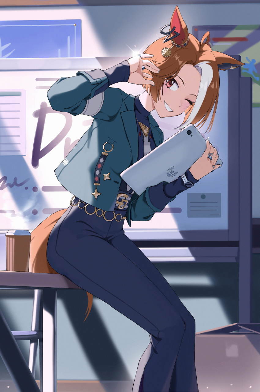 1girl, absurdres, animal_ears, aqua_jacket, armband, black_shirt, blue_jacket, blue_pants