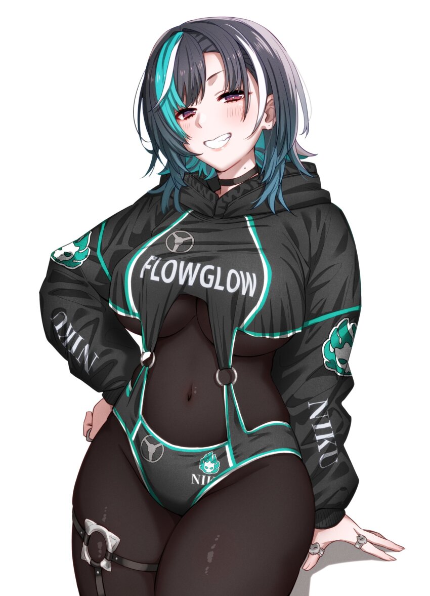 1girl, absurdres, aqua_streaks, armusi, bodysuit, breasts, commentary_request, hand_up, highres, hololive, hololive_dev_is, hood, hoodie, multicolored_hair, navel, o-ring, o-ring_thigh_strap, open_mouth, pink_eyes, race_queen_two-piece, rindo_chihaya, solo, streaked_hair, sweat, thick_thighs, thigh_strap, thighs, underboob, virtual_youtuber