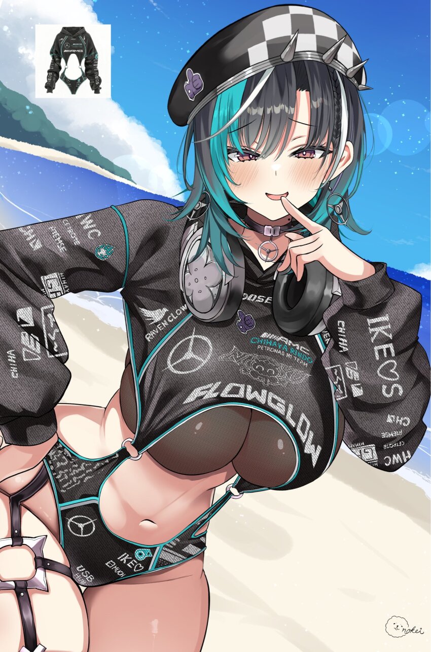 1girl, aqua_streaks, beach, breasts, clothing_request, commentary_request, cropped_hoodie, cropped_legs