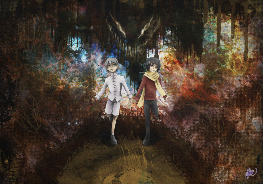 00s, 2boys, aged_down, asura_(soul_eater), child, denim, dragon, franken_stein_(soul_eater)