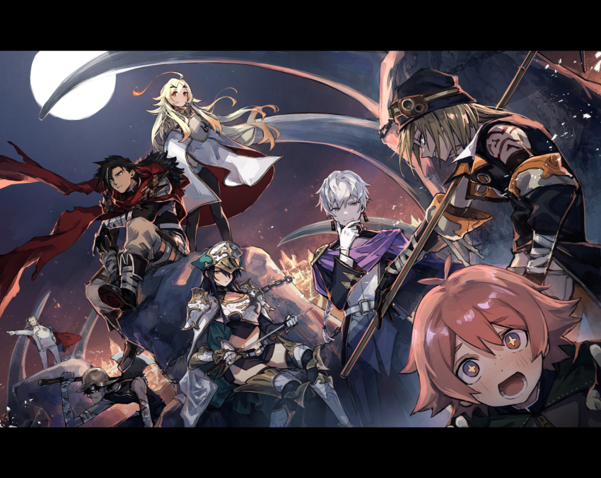 2girls, 6+boys, ahoge, armor, armored_boots, axe, black_boots, black_hair, black_hat, blonde_hair, boots, cape, commentary_request, forbartz_xylo, freckles, gauntlets, grin, hand_on_own_chin, hat, helmet, highres, holding, holding_axe, holding_sword, holding_weapon, kivia_patausche, leopool_venetim, letterboxed, long_hair, luzulas_dotta, mephisto_(angraecum), midriff, mole, mole_under_eye, multiple_boys, multiple_girls, novel_illustration, official_art, open_mouth, pauldrons, pink_hair, red_eyes, red_scarf, scarf, senridge_norgalle, short_hair, shoulder_armor, sitting, smile, spiked_hair, standing, star-shaped_pupils, star_(symbol), sword, symbol-shaped_pupils, tatsuya_(yuushakei), teoritta, tsav_(yuushakei_ni_shosu), weapon, white_cape, white_hair, yuushakei_ni_shosu