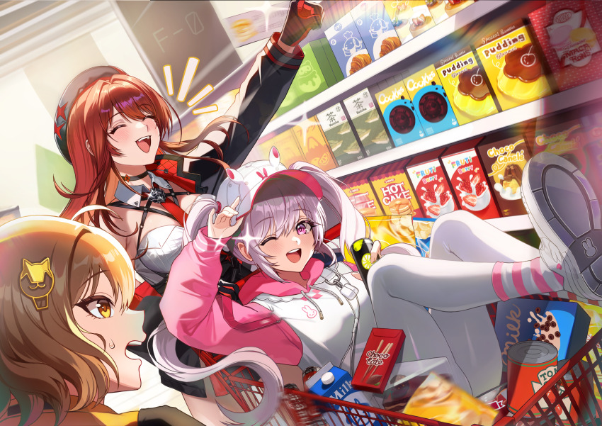 3girls, absurdres, alice_(nikke), alice_(sweet_home)_(nikke), anis_(nikke), baseball_cap, brown_hair, butter_almond, goddess_of_victory:_nikke, hat, highres, hood, hoodie, in_shopping_cart, multiple_girls, official_alternate_costume, official_alternate_design, official_alternate_hair_color, one_eye_closed, pants, pink_eyes, pink_hoodie, rapi_(nikke), rapi_(red_hood)_(nikke), red_hair, shopping_cart, sidelocks, smile, supermarket, twintails, two-tone_hoodie, white_hoodie, yoga_pants