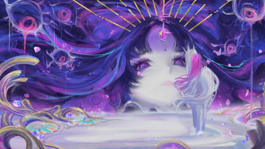 2girls, ad_lunam_(shining_nikki), black_hair, blunt_bangs, bow, bug, butterfly, disembodied_eye