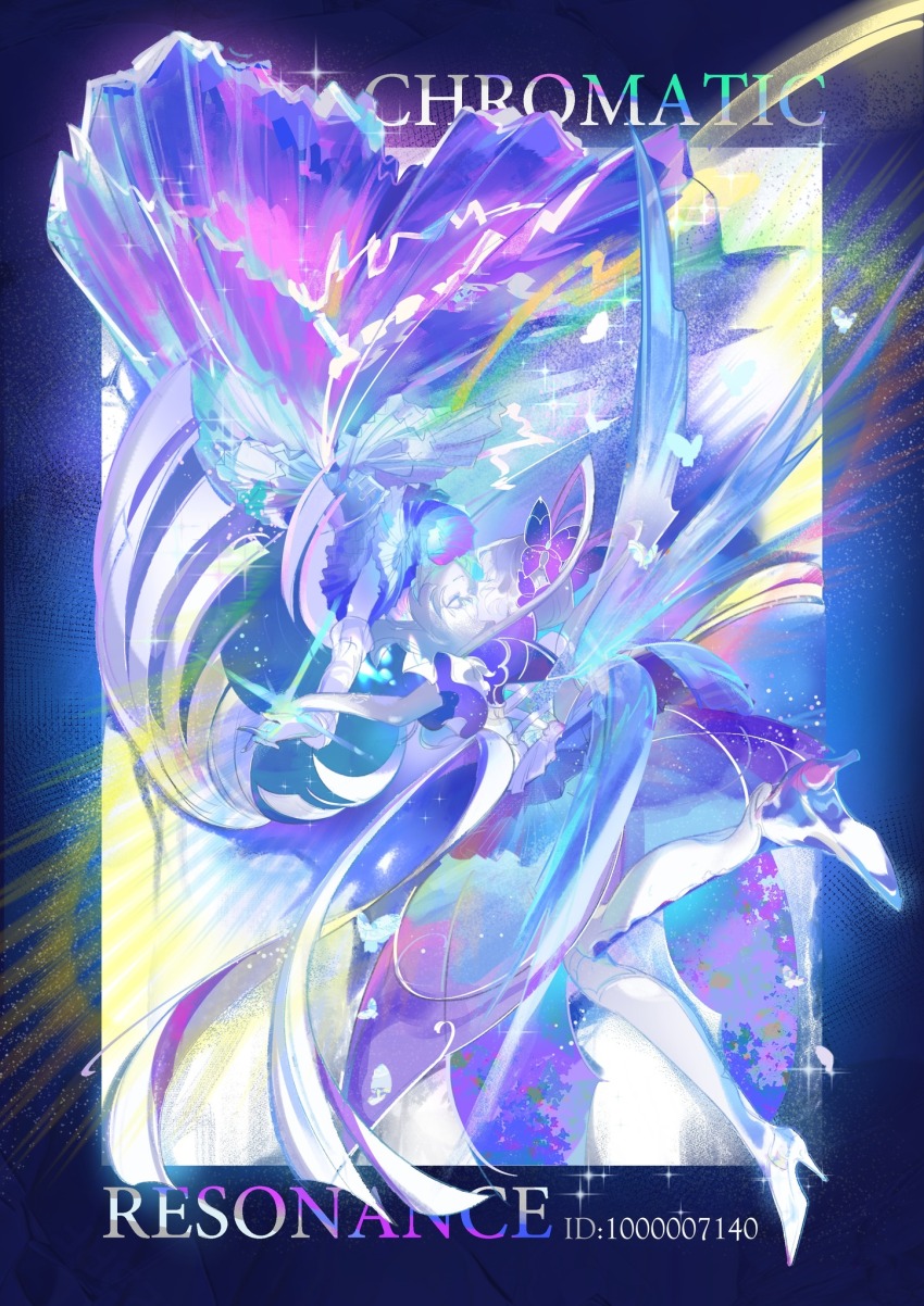 2girls, absurdly_long_hair, blue_border, blunt_ends, border, butterfly_hair_ornament, closed_eyes, dress