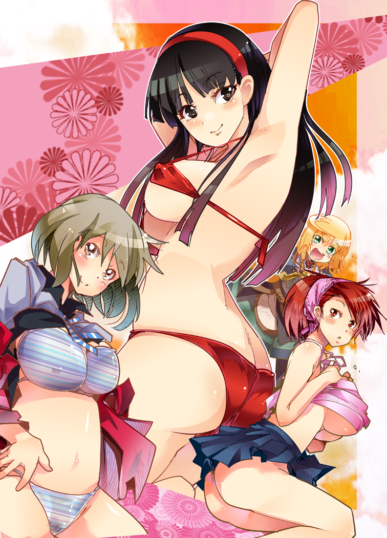 10s, 4girls, amagi_yukiko, ass, atlus, bikini, bikini_under_clothes, black_hair, blonde_hair, brown_hair, devil_survivor_(series), devil_survivor_2, multiple_girls, navel, nitta_io, noora_brandor, noora_to_koku_no_koubou, noora_to_toki_no_koubou, persona, persona_4, red_hair, skirt, swimsuit, swimsuit_under_clothes, tanigawa_yuzu, uchiuchi_keyaki