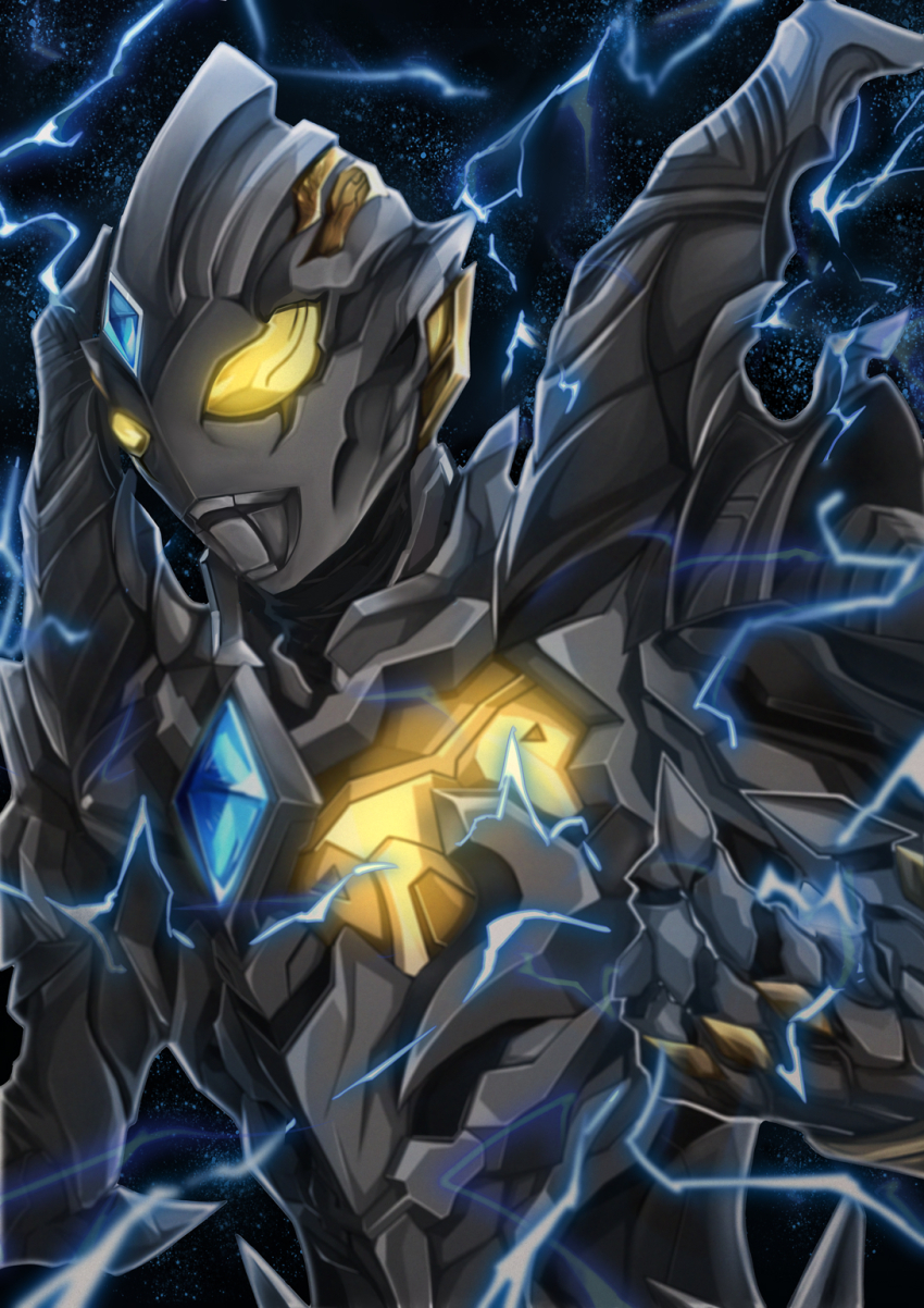 1boy, alien, arm_out_of_frame, armor, black_background, black_skin, breastplate, chinese_commentary