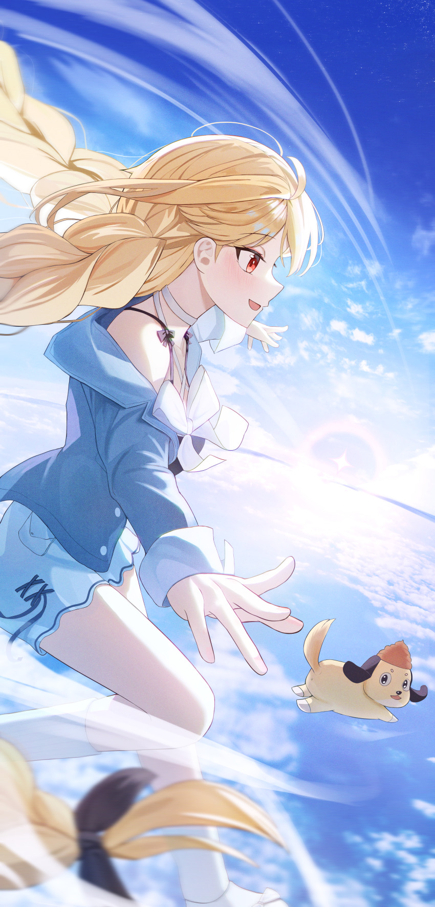 1girl, absurdres, arch_a4, black_bow, blonde_hair, blue_jacket, blue_sky, bow, braid, breasts, camisole, choker, cloud, commentary, day, ddonggangaji_(jingburger), dog, floating_hair, from_side, hair_bow, highres, horizon, jacket, jingburger, long_hair, long_sleeves, ocean, off_shoulder, open_clothes, open_jacket, open_mouth, outdoors, profile, red_eyes, shirt, shoes, short_shorts, shorts, sky, smile, socks, solo, twin_braids, very_long_hair, virtual_youtuber, waktaverse, white_choker, white_shoes, white_shorts, white_socks