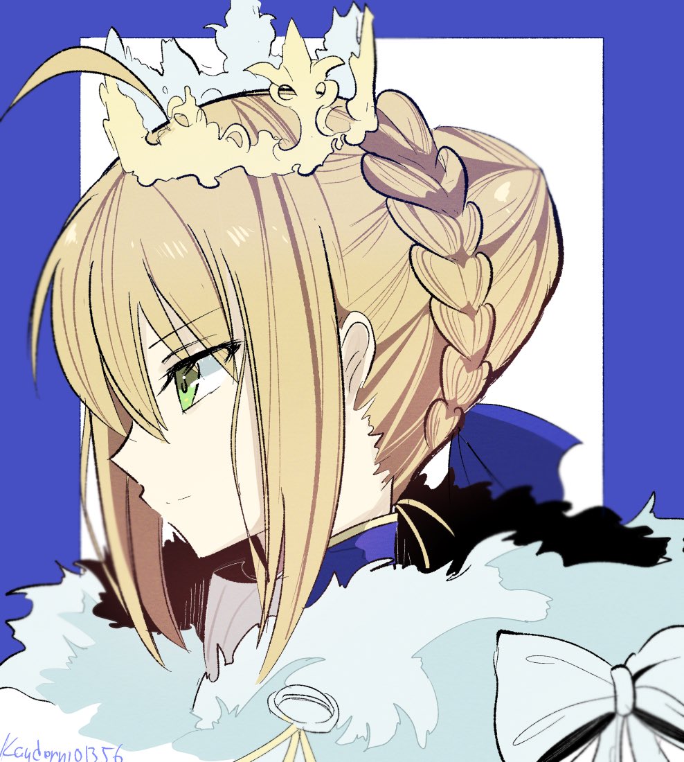 1girl, ahoge, artoria_pendragon_(fate), blonde_hair, blue_border, border, braid, bun_with_braided_base
