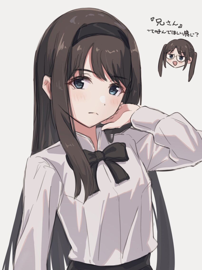 1girl, black_bow, black_bowtie, black_hair, black_hairband, blue_eyes, blush, bow