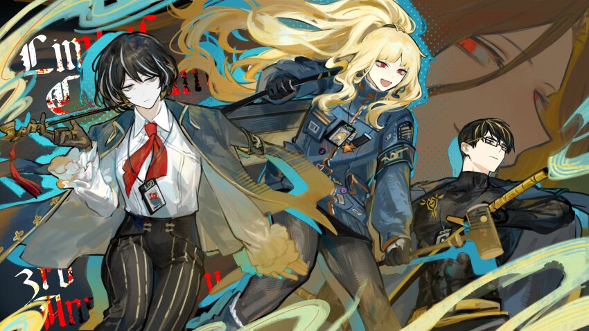 1boy, 2girls, absurdres, anniversary, armband, black_gloves, black_pants, blonde_hair