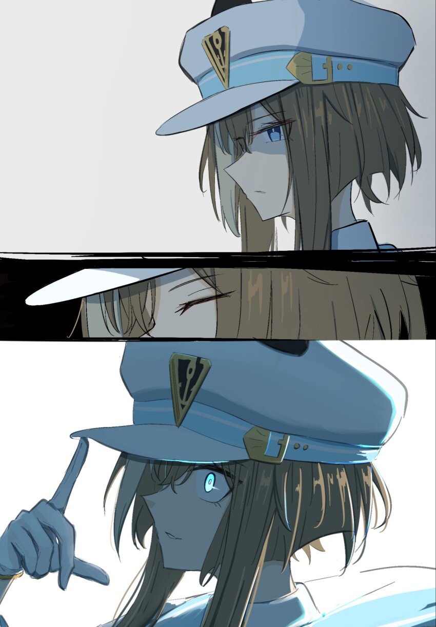 animal_ears, blue_eyes, brown_hair, cheval_grand_(grand_itineraire)_(umamusume), cheval_grand_(umamusume), closed_eyes, disfiro03, finger_on_hat