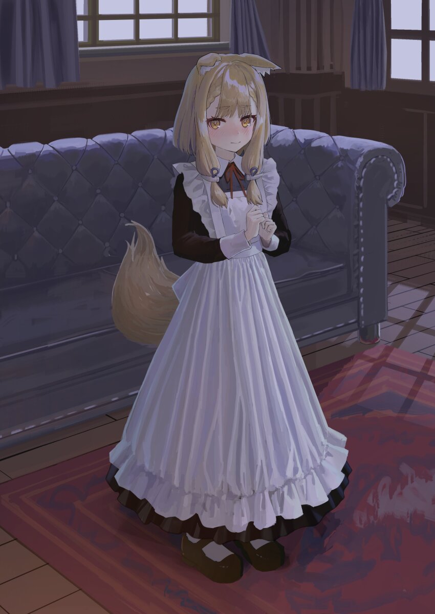1girl, absurdres, alternate_costume, animal_ear_fluff, animal_ears, apron, arknights, arknights:_endfield, black_dress, black_shoes, blonde_hair, blush, braid, carpet, closed_mouth, commentary, commentary_request, couch, curtains, dress, ears_down, embarrassed, enmaided, fidgeting, hair_between_eyes, hair_ornament, highres, indoors, looking_at_viewer, low-tied_sidelocks, maid, maid_apron, mikeneko90, orange_eyes, own_hands_clasped, own_hands_together, red_carpet, red_ribbon, ribbon, rossi_(arknights), shoes, sidelocks, sleeve_cuffs, socks, solo, standing, tail, twin_braids, twintails, victorian_maid, white_socks, window, wolf_ears, wolf_girl, wolf_tail, wooden_floor