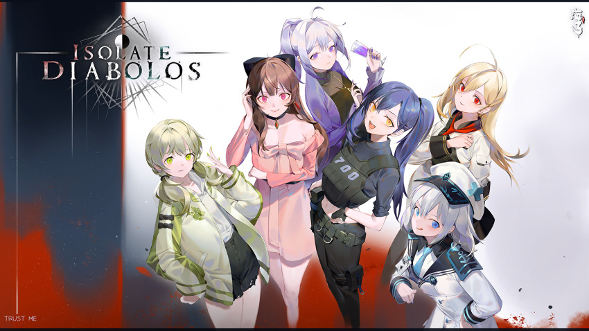 6+girls, ahoge, black_pants, black_shirt, blonde_hair, blue_eyes, blue_hair, bow