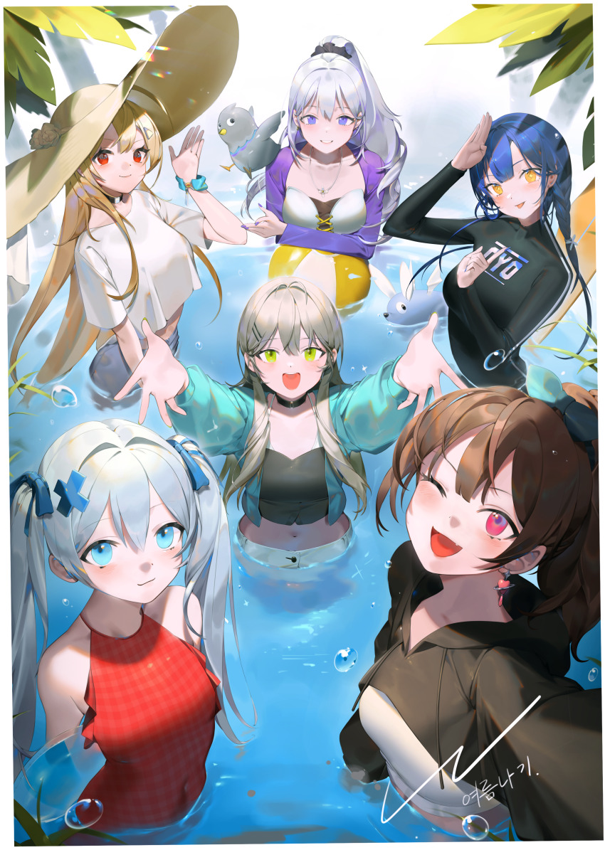 6+girls, absurdres, artist_name, bakjwi_(lilpa), ball, beachball, bird, black_choker