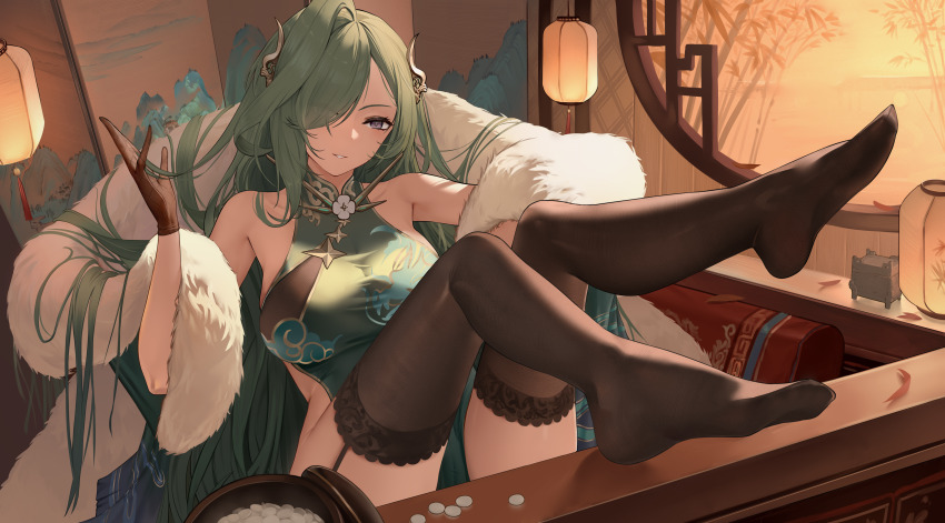 1girl, absurdres, azur_lane, bare_shoulders, black_garter_straps, black_gloves, black_thighhighs, breasts, china_dress, chinese_clothes, dress, feet, garter_straps, gloves, green_dress, green_hair, hair_over_one_eye, hand_up, highres, hxd3c0083, indoors, knees_up, large_breasts, leg_up, looking_at_viewer, mixed-language_commentary, moskva_(awaiting_the_next_move)_(azur_lane), moskva_(azur_lane), no_shoes, official_alternate_costume, parted_lips, purple_eyes, sitting, smile, solo, thighhighs