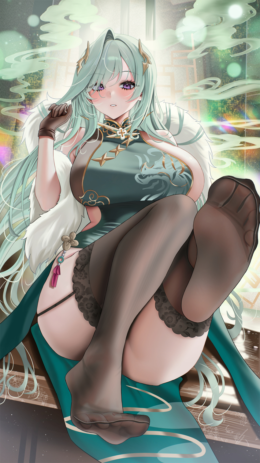 1girl, absurdres, azur_lane, blush, breasts, buko_(bukosuki), feet, garter_straps, green_hair, highres, large_breasts, long_hair, looking_at_viewer, moskva_(awaiting_the_next_move)_(azur_lane), moskva_(azur_lane), parted_lips, purple_eyes, see-through_clothes, see-through_legwear, soles, thighhighs, toes