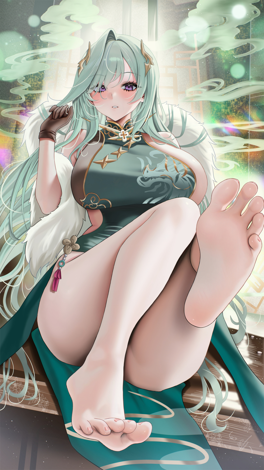 1girl, absurdres, azur_lane, barefoot, blush, breasts, buko_(bukosuki), feet, green_hair, highres, large_breasts, long_hair, looking_at_viewer, moskva_(awaiting_the_next_move)_(azur_lane), moskva_(azur_lane), parted_lips, purple_eyes, soles, toes