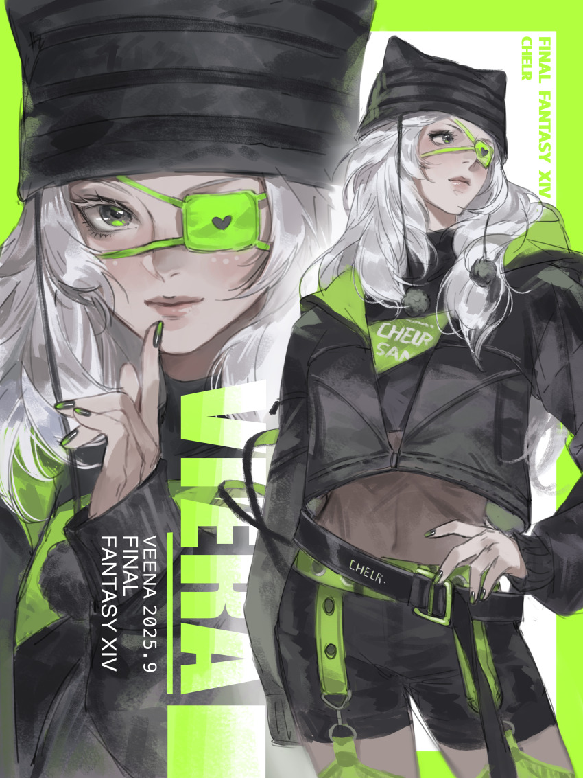 1girl, absurdres, animal_hat, artist_name, black_hat, black_shorts, cat_hat, chelr