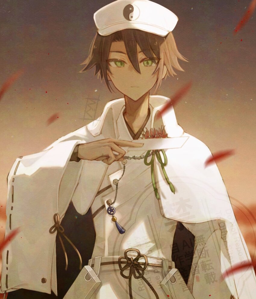 black_hair, cape, commentary_request, dark-skinned_male, dark_skin, green_eyes, hair_between_eyes, highres, ikaruga_(rune_factory), japanese_clothes, long_sleeves, looking_at_viewer, male_focus, ragu_piyopiyo, rune_factory, rune_factory:_guardians_of_azuma, short_hair, white_cape, wide_sleeves, yin_yang