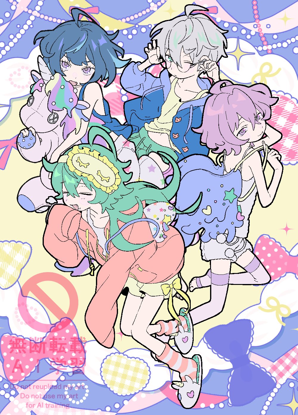 4boys, 4piece_(ensemble_stars!), abstract_background, ahoge, androgynous, blue_hair, camisole, closed_eyes