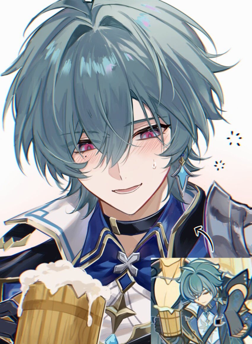 1boy, alcohol, beer, beer_mug, blush, commentary, cup, drunk, earrings, genshin_impact, hair_between_eyes, highres, holding, holding_cup, jewelry, lohen_(genshin_impact), lower_teeth_only, male_focus, miruozi, mole, mole_under_eye, mug, open_mouth, single_earring, solo, teeth, untranslatable_commentary, varka_(genshin_impact), white_background