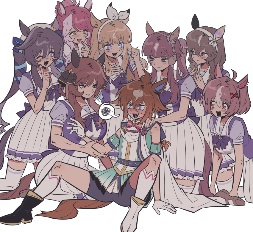 6+girls, @_@, absurdres, almond_eye_(umamusume), animal_ears, bike_shorts, braid, bright_pupils, brown_hair, cape, collarbone, commentary_request, cross-shaped_pupils, curren_bouquetd'or_(umamusume), epiphaneia_(umamusume), from_behind, gentildonna_(umamusume), gran_alegria_(umamusume), hair_between_eyes, hair_ornament, hairband, harem, highres, horse_ears, horse_girl, horse_tail, korean_commentary, loves_only_you_(umamusume), lucky_lilac_(umamusume), multiple_girls, open_mouth, scared, school_uniform, side_ponytail, smile, sweatdrop, symbol-shaped_pupils, tail, tracen_school_uniform, twin_braids, twintails, umamusume, umamusume_horse_relations, vivlos_(umamusume), white_background, white_pupils, you_gonna_get_raped, youareddong1134, yuri