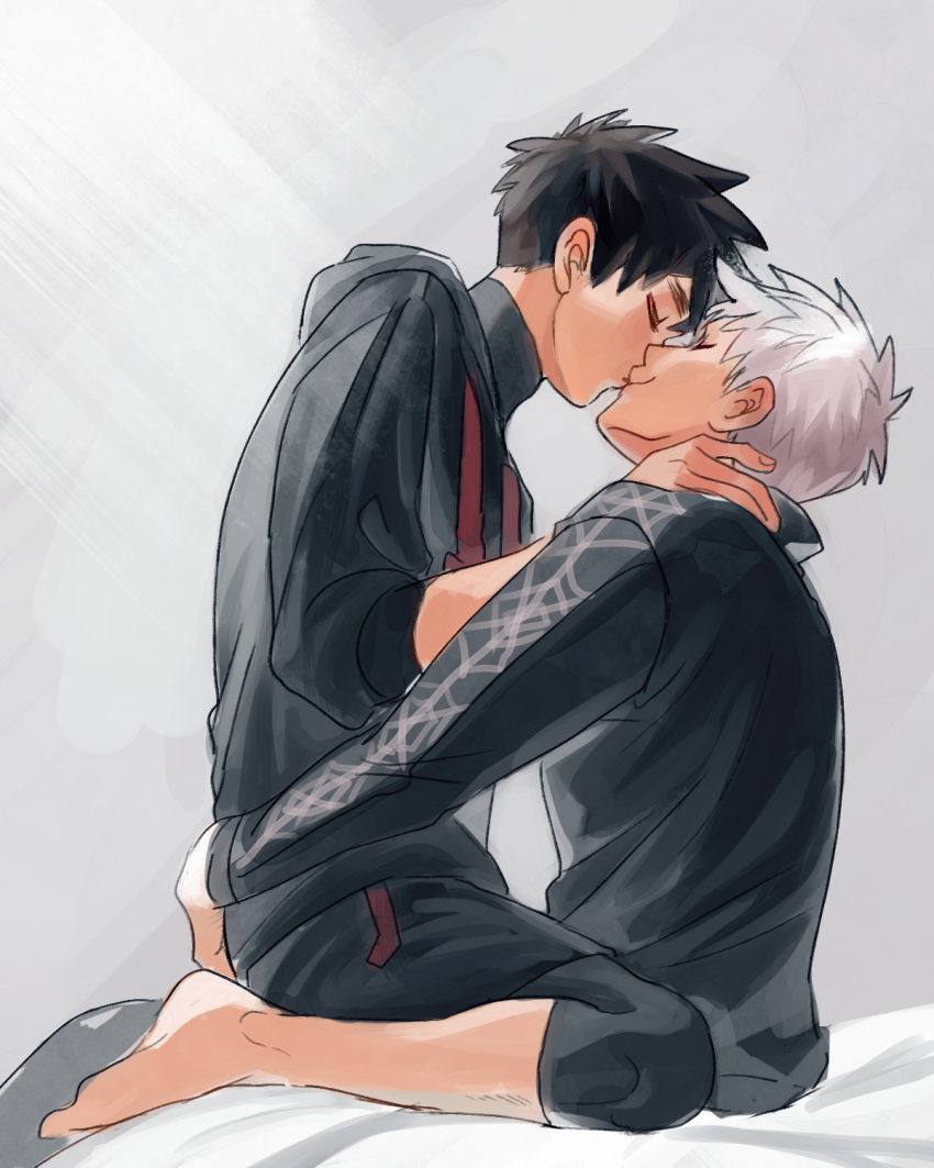 2boys, barefoot, black_hair, black_jacket, closed_eyes, hand_on_another's_back, highres, hood, hoodie, jacket, kemono_jihen, kiss, kusaka_kabane, long_sleeves, male_focus, multiple_boys, profile, short_hair, tademaru_shiki, yaoi, ye_oun