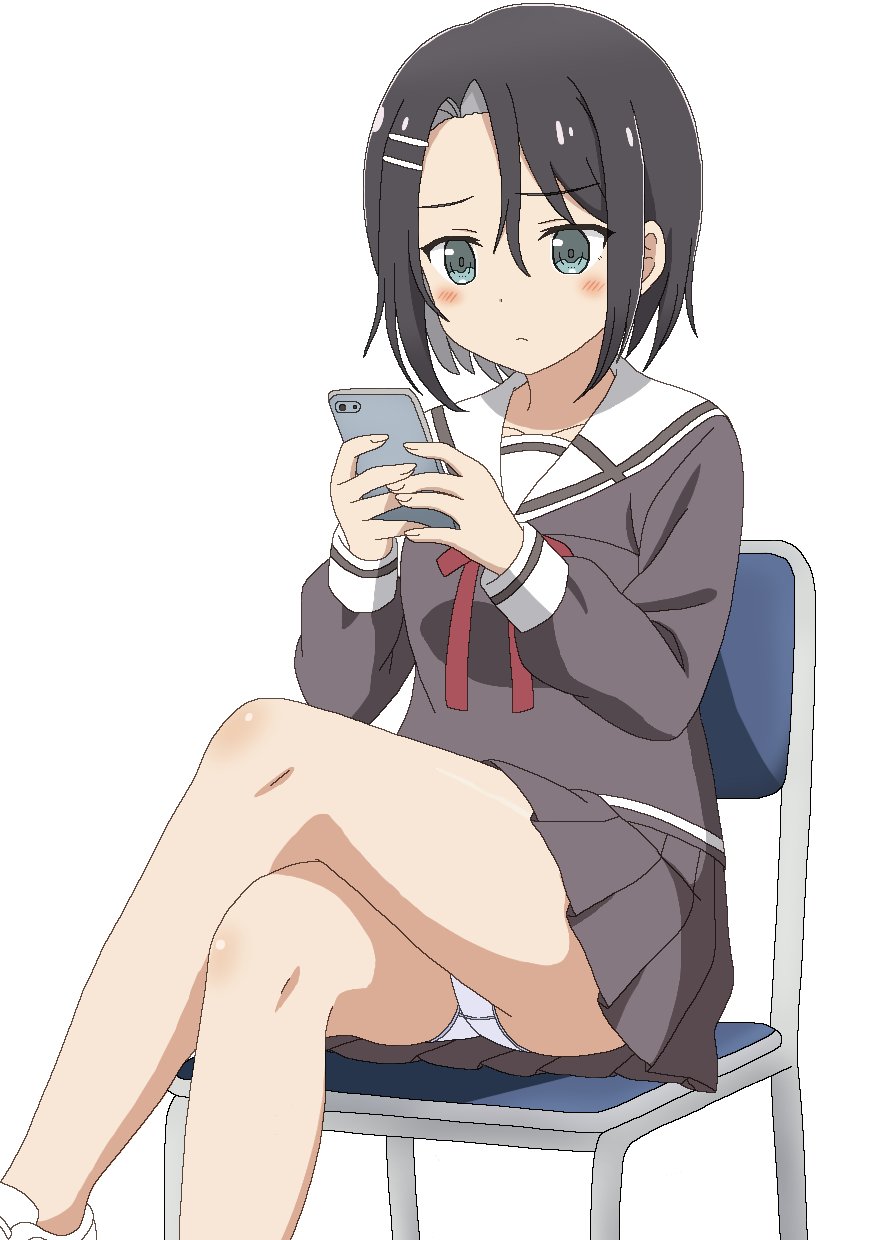1girl, black_hair, black_shirt, black_skirt, blush, cellphone, chair, closed_mouth