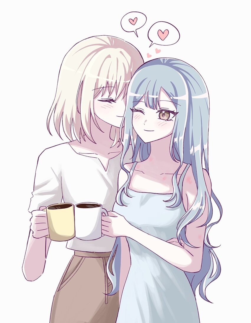 200bpmsoiya, 2girls, bang_dream!, bang_dream!_it's_mygo!!!!!, blonde_hair, blue_hair, blush, brown_skirt