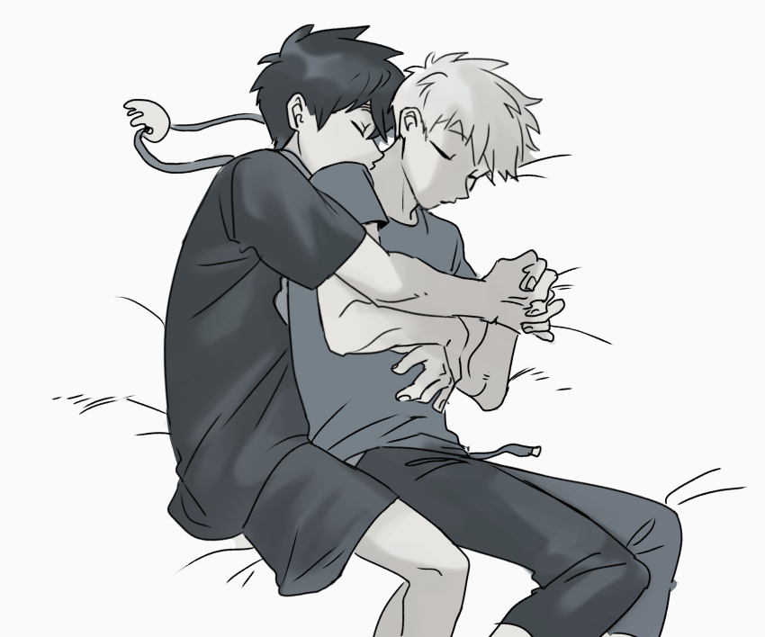 2boys, black_shirt, cuddling, highres, jewelry, kemono_jihen, kusaka_kabane, lying