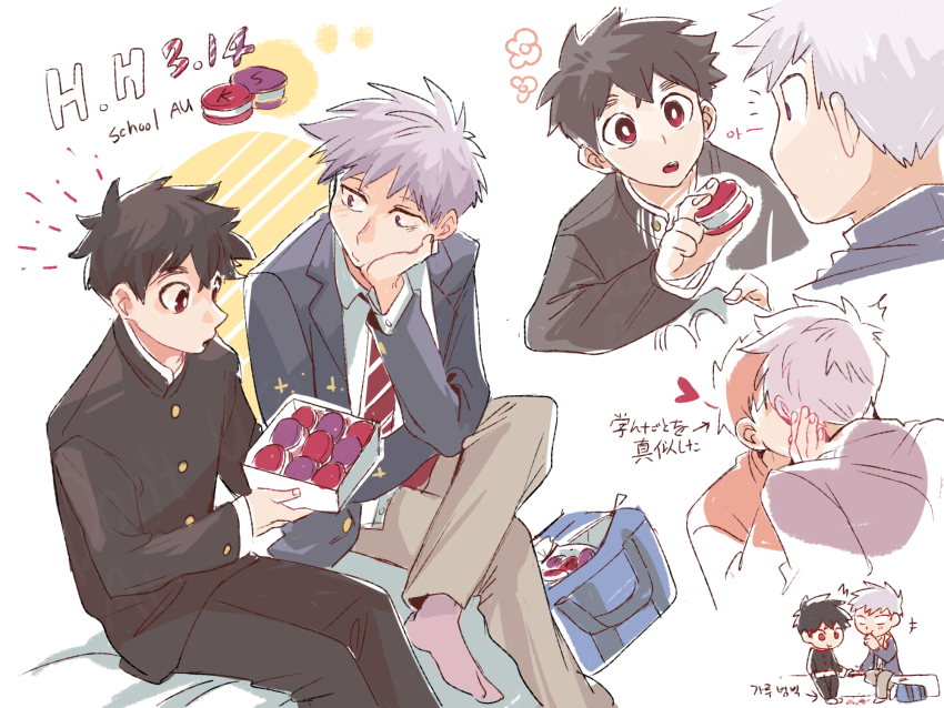 2boys, black_hair, comic, gakuran, highres, kemono_jihen, kiss, kusaka_kabane