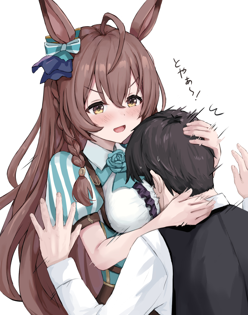 1boy, 1girl, animal_ears, between_breasts, blush, bow, braid, braided_sidelocks